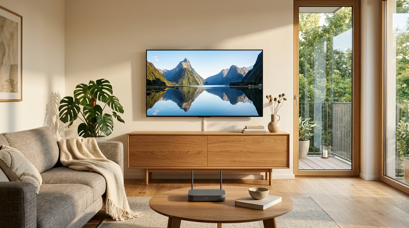 Modernes Wohnzimmer mit 4K-Fernseher an der Wand und WLAN-Router auf dem Couchtisch für schnelles 4K-Streaming