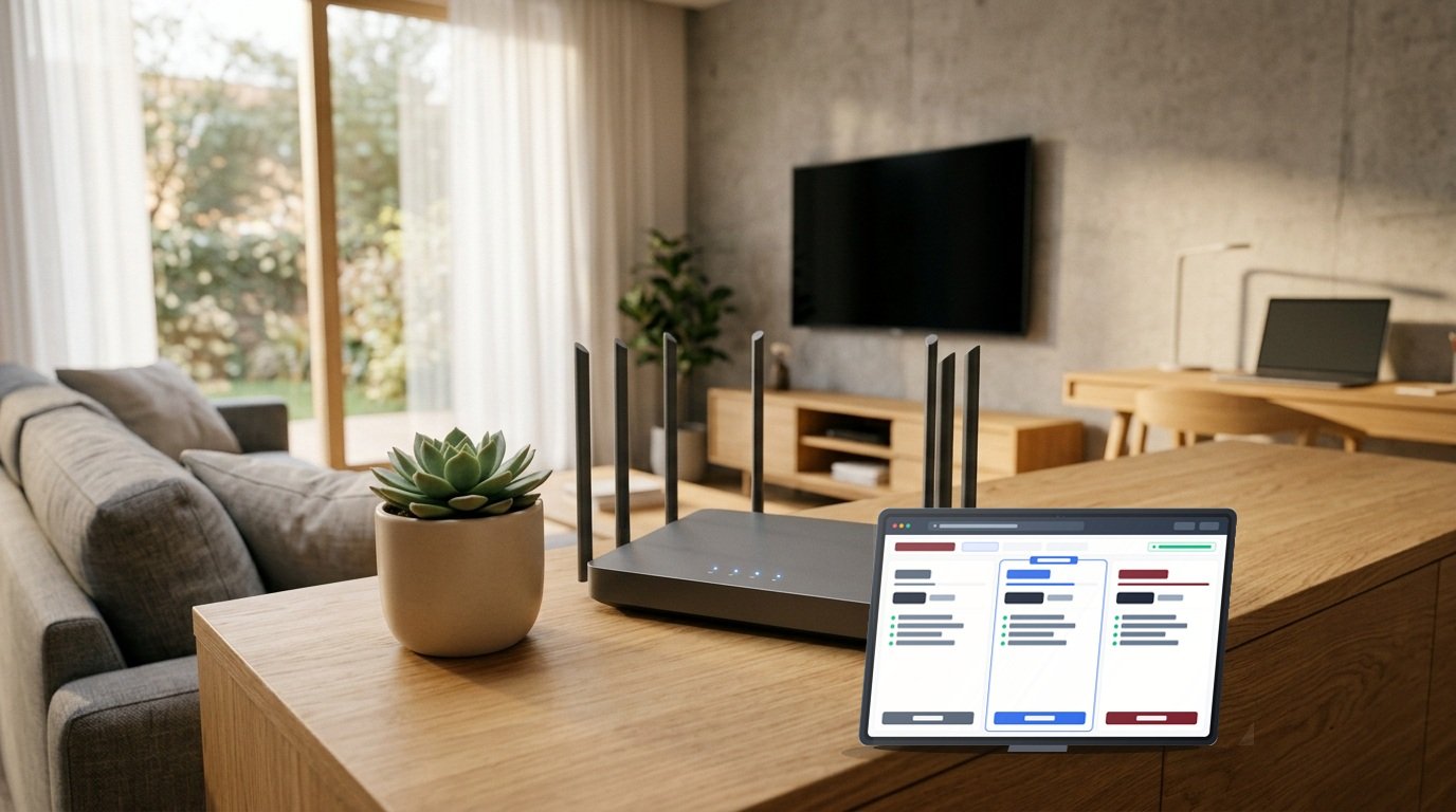Moderner WLAN-Router auf einem Holzboard neben einem Tablet mit neutraler DSL-Tarifvergleichs-Ansicht