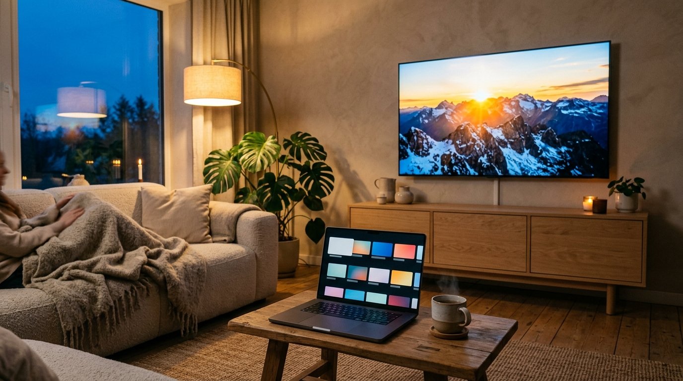 Gemütliches Wohnzimmer am Abend mit eingeschaltetem Smart-TV und offenem Laptop, die modernes Fernsehen und Streaming zeigen