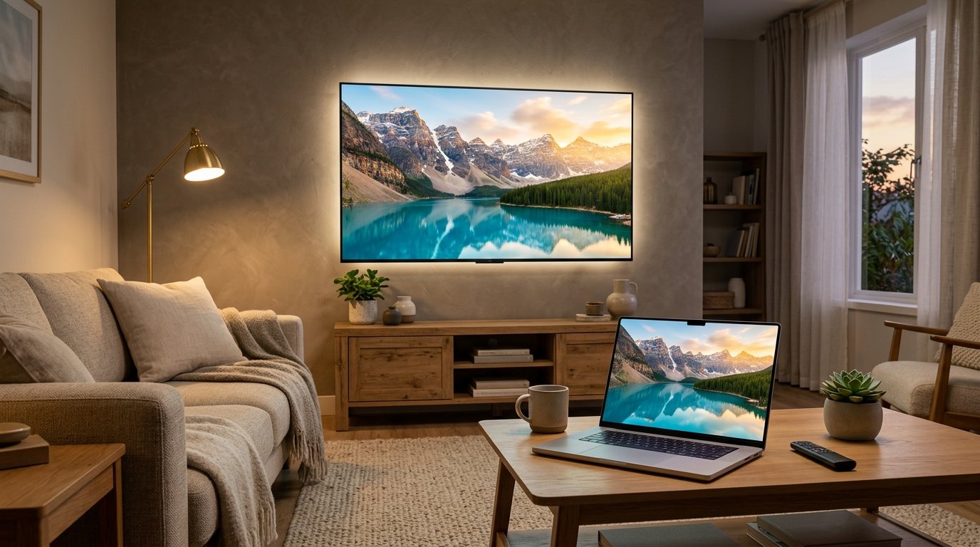 Moderner Smart-TV an der Wand und ein Laptop auf dem Wohnzimmertisch, auf denen synchron eine Naturdokumentation über das Internet gestreamt wird
