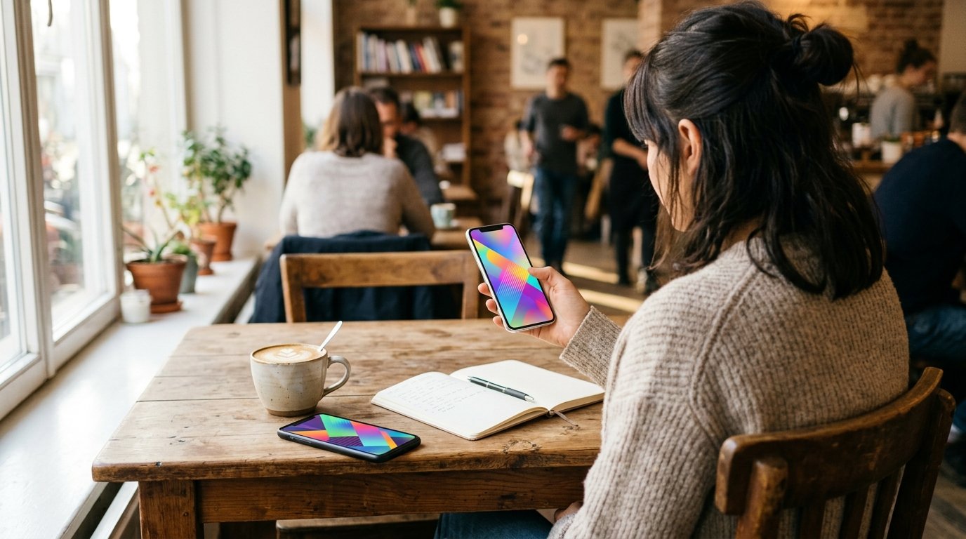 Person vergleicht zwei moderne Smartphones auf einem Holztisch bei natürlichem Tageslicht