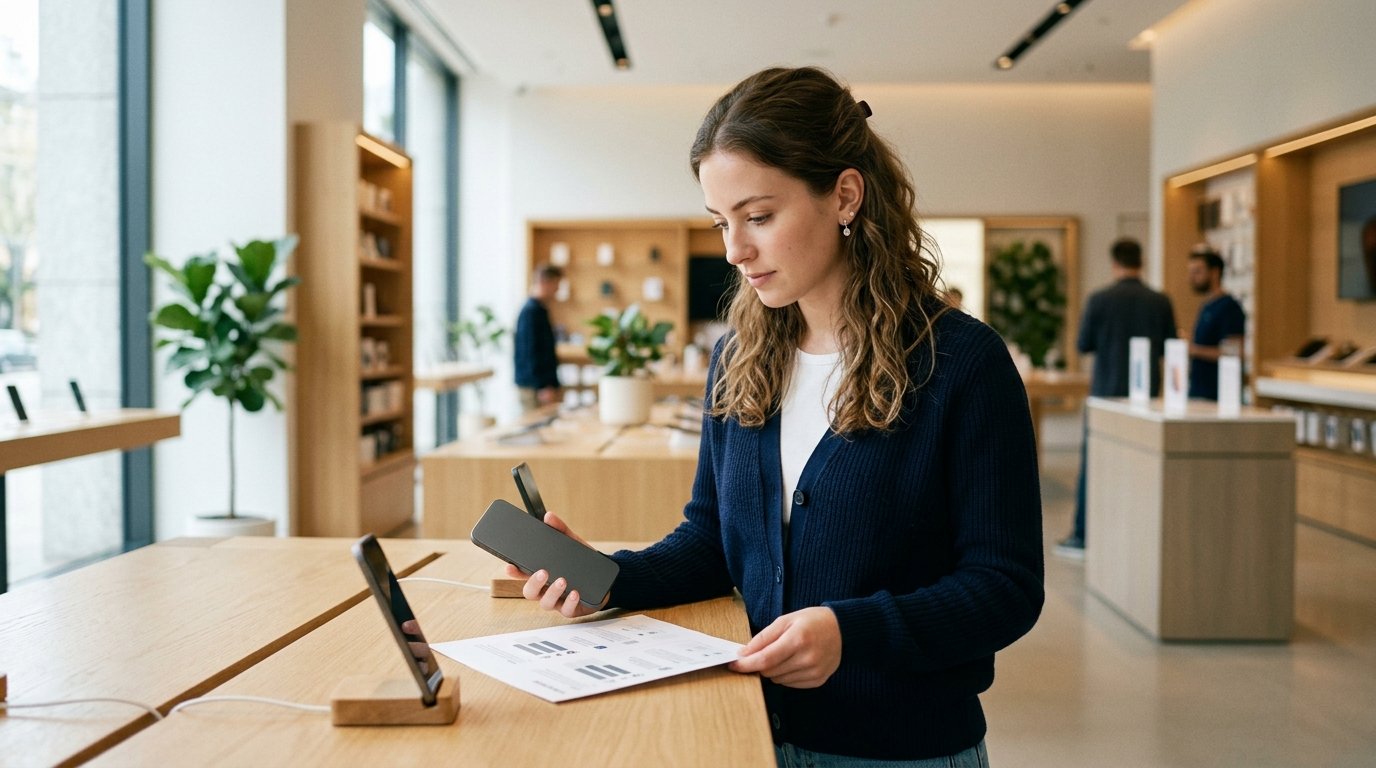 Person vergleicht in einem hellen Geschäft die Konditionen und Preise eines neuen Smartphones an einer modernen Ladentheke