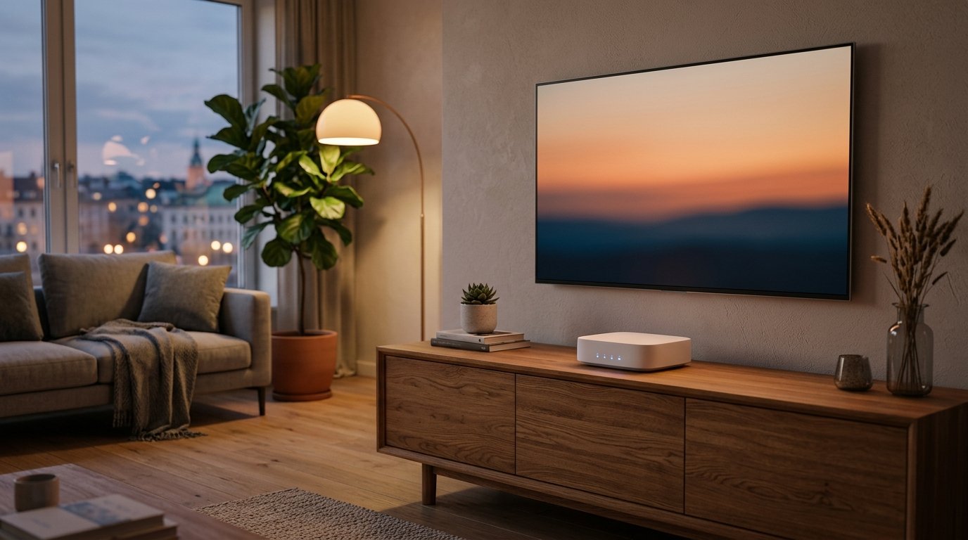Gemütliches Wohnzimmer am Abend mit modernem Smart-TV und WLAN-Router für eine stabile Internetverbindung