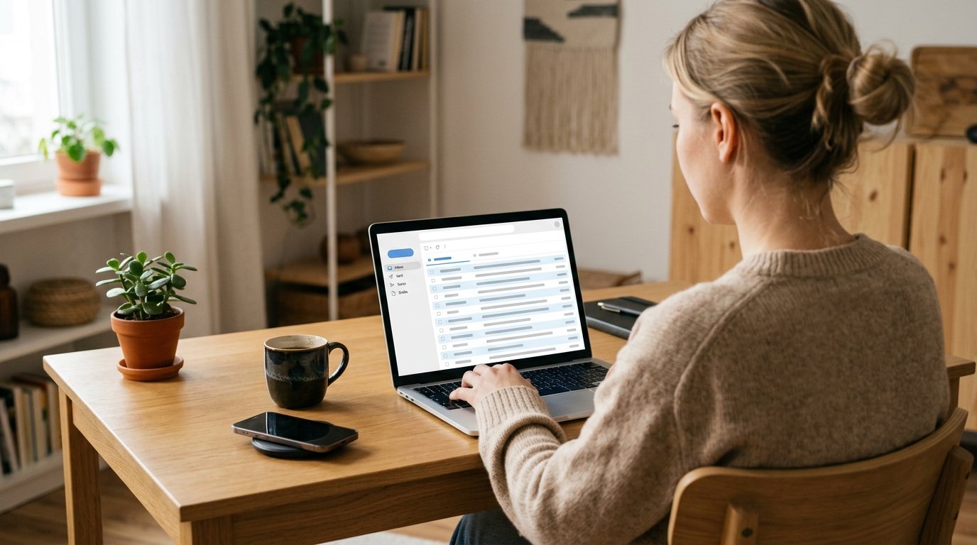 Frau sitzt am Schreibtisch am Laptop und prüft ein E-Mail-Postfach auf einem Bildschirm mit unlesbarer Benutzeroberfläche