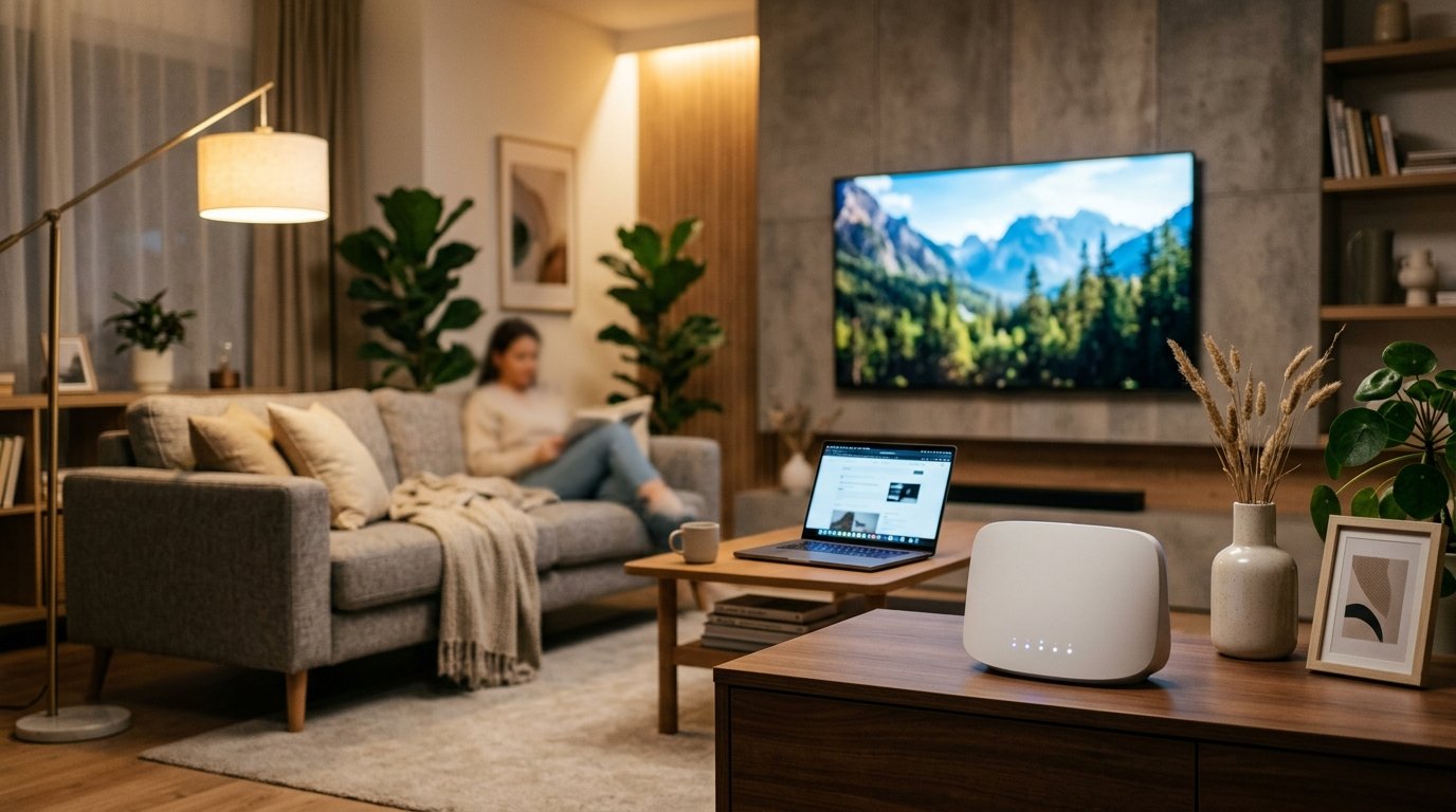 Moderner WLAN-Router im Vordergrund und ein Smart-TV im Hintergrund in einem gemütlichen Wohnzimmer für stabiles TV-Streaming